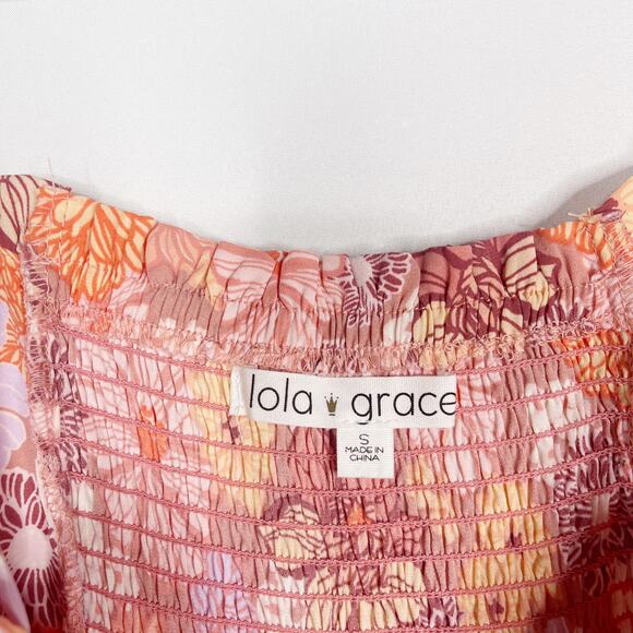 Lola and Grace Small S Pink Orange Floral Tie Strap Skater Dress Smocked Back - Picture 7 of 10